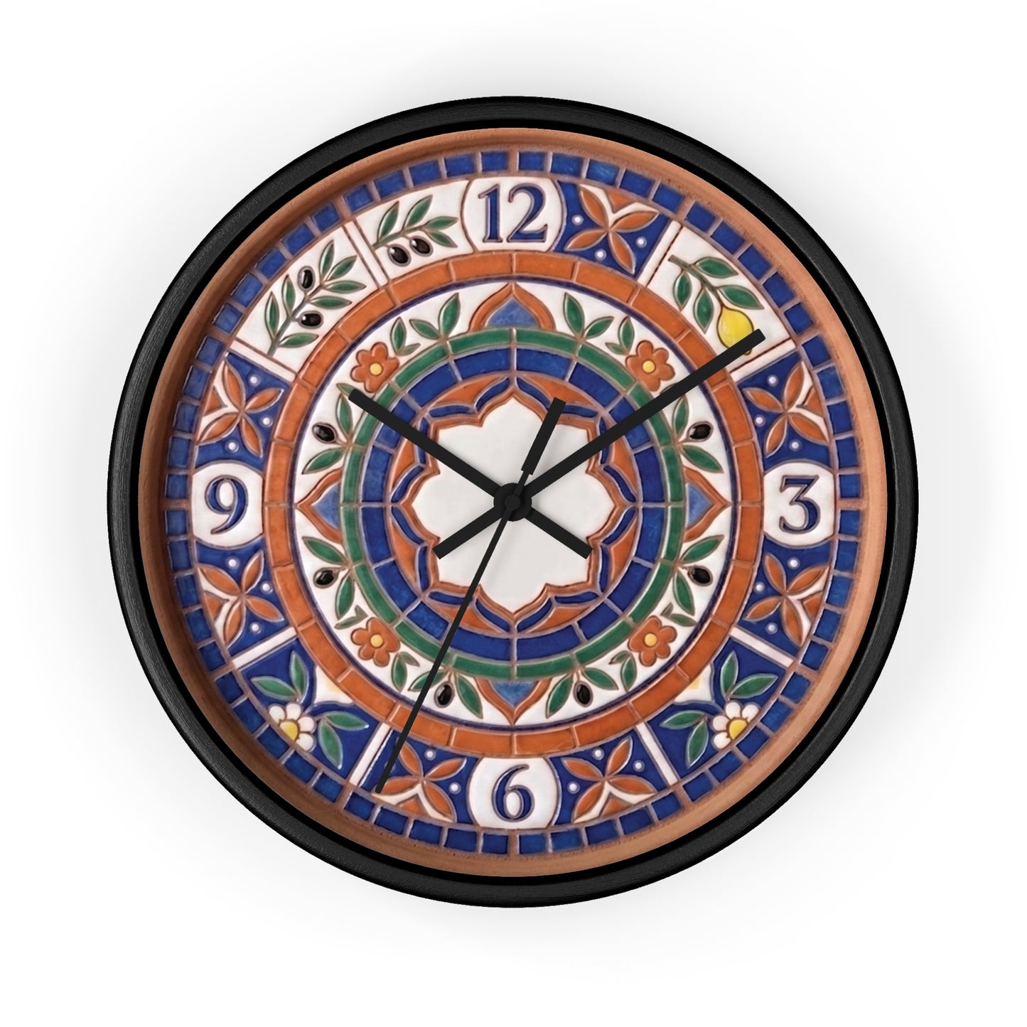 Mediterranean Mosaic Style Wall Clock - Terracotta Azure Blue Floral Faux Tile Botanical Decor