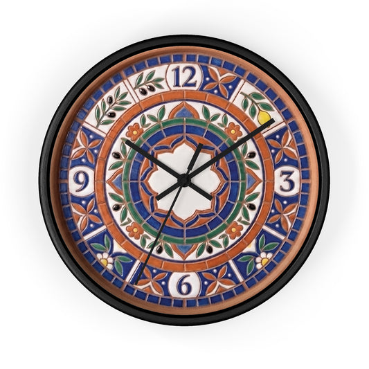 Mediterranean Mosaic Style Wall Clock - Terracotta Azure Blue Floral Faux Tile Botanical Decor