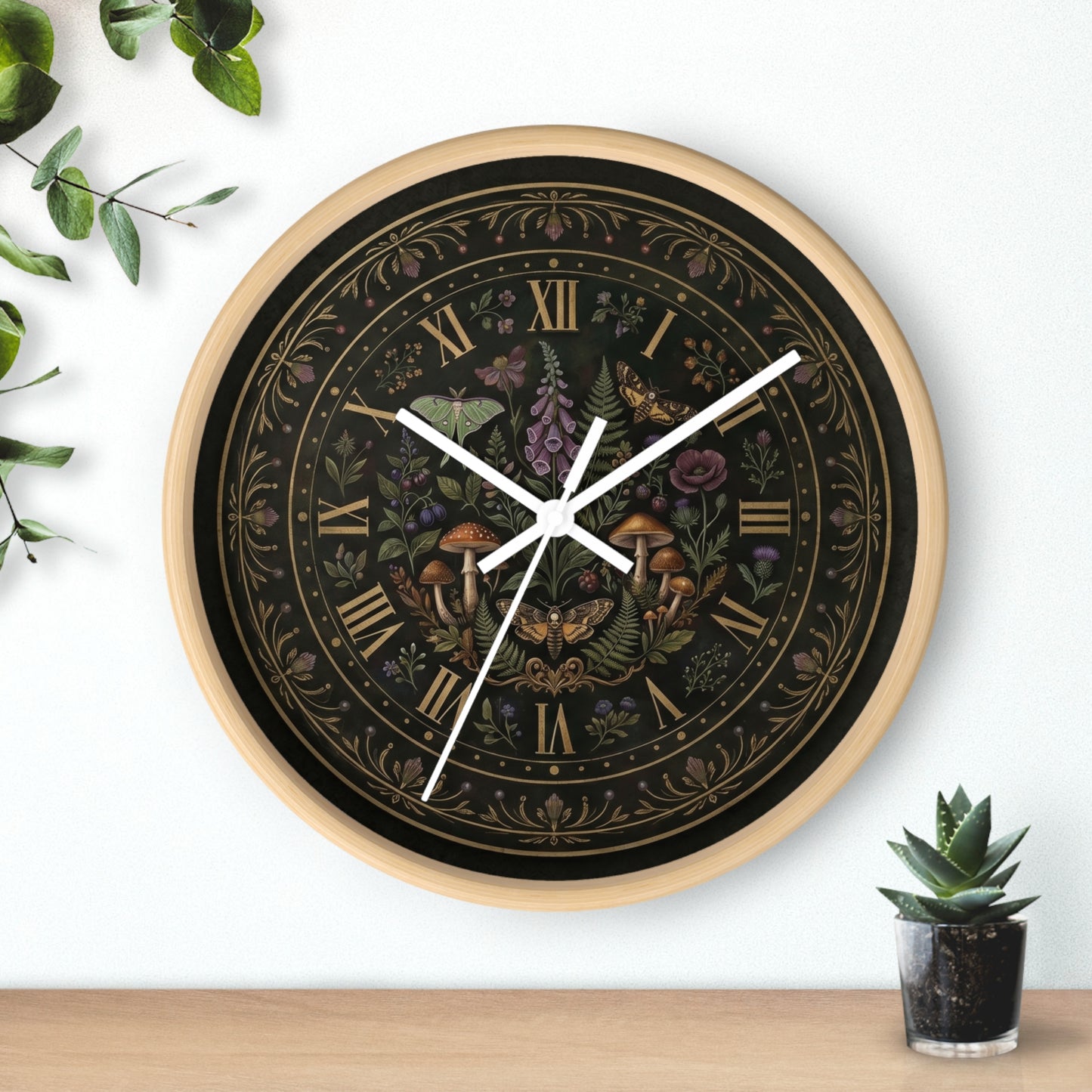 Moth & Mushroom Floral Wall Clock | Botanical Roman Numeral Timepiece