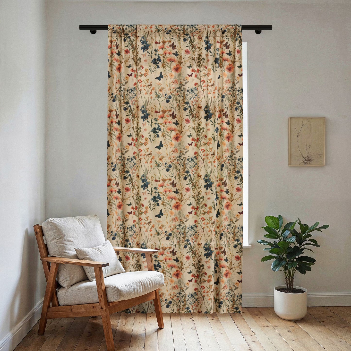 Vintage Floral Vine Sheer Window Curtain | Botanical Butterfly Pattern