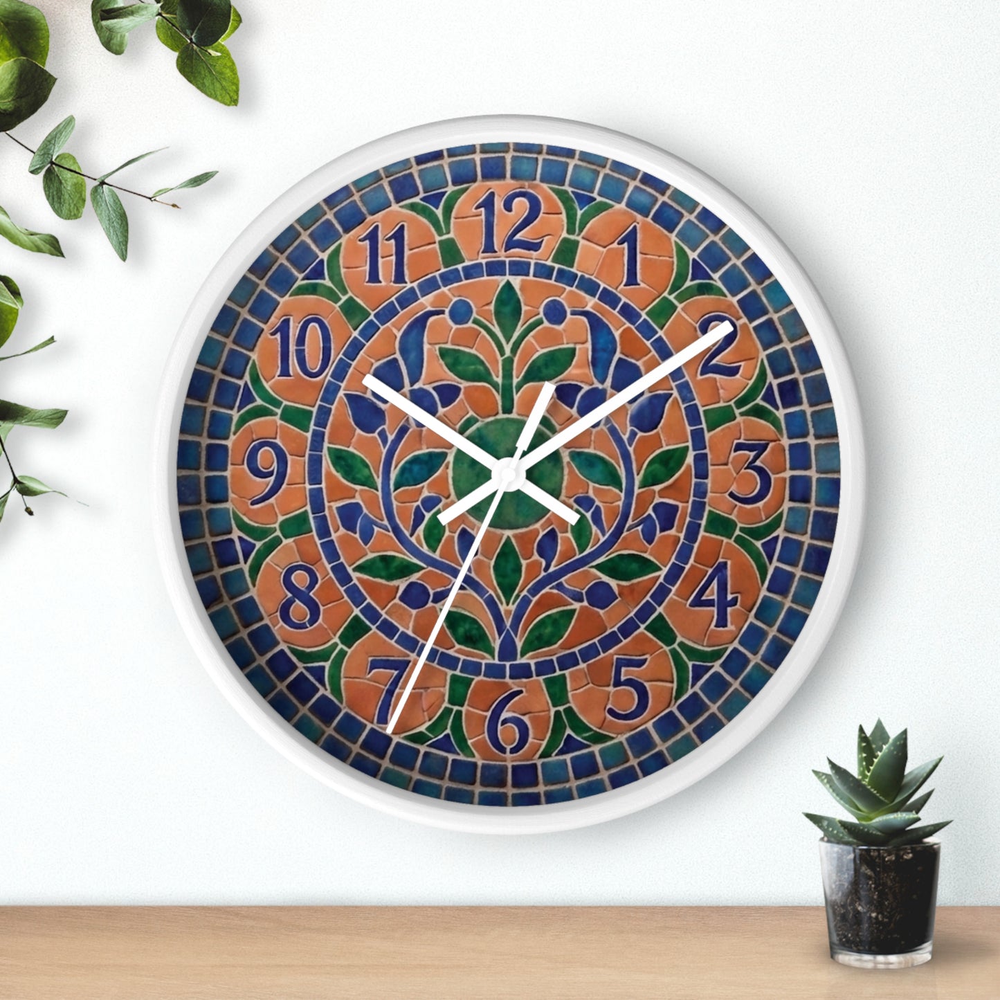 Mosaic Style Wall Clock - Terracotta Azure Blue Floral Print, Mediterranean Botany Decor