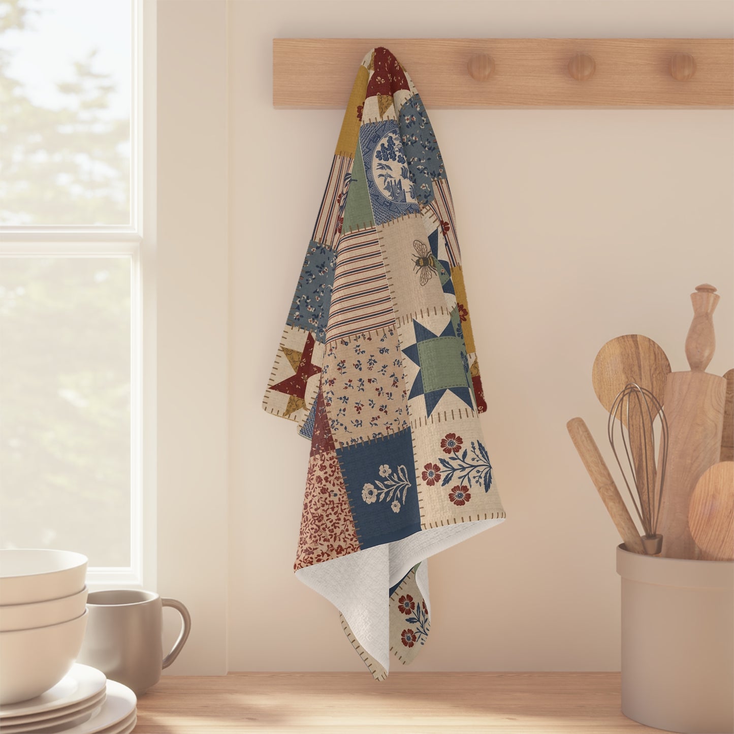 Country Quilt Patchwork Microfiber Tea Towel | Folk Floral Stars Patch Design