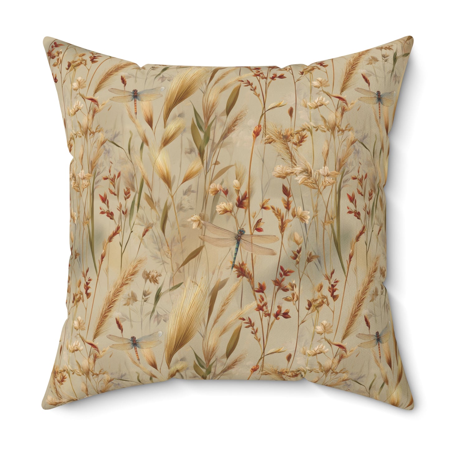 Neutral Botanical Print Pillow | Dried Wildflower Dragonfly Pattern, Square Throw Pillow