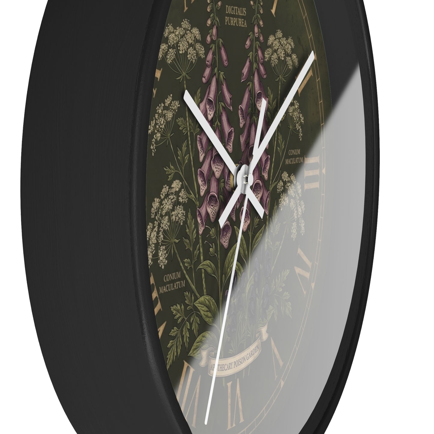 Vintage Botanical Foxglove Wall Clock | Apothecary Poison Garden, Roman Numerals, Dark Green Floral