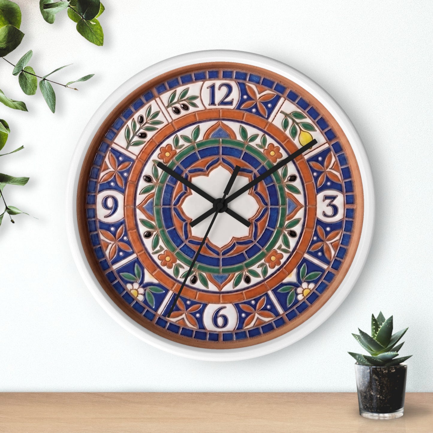 Mediterranean Mosaic Style Wall Clock - Terracotta Azure Blue Floral Faux Tile Botanical Decor