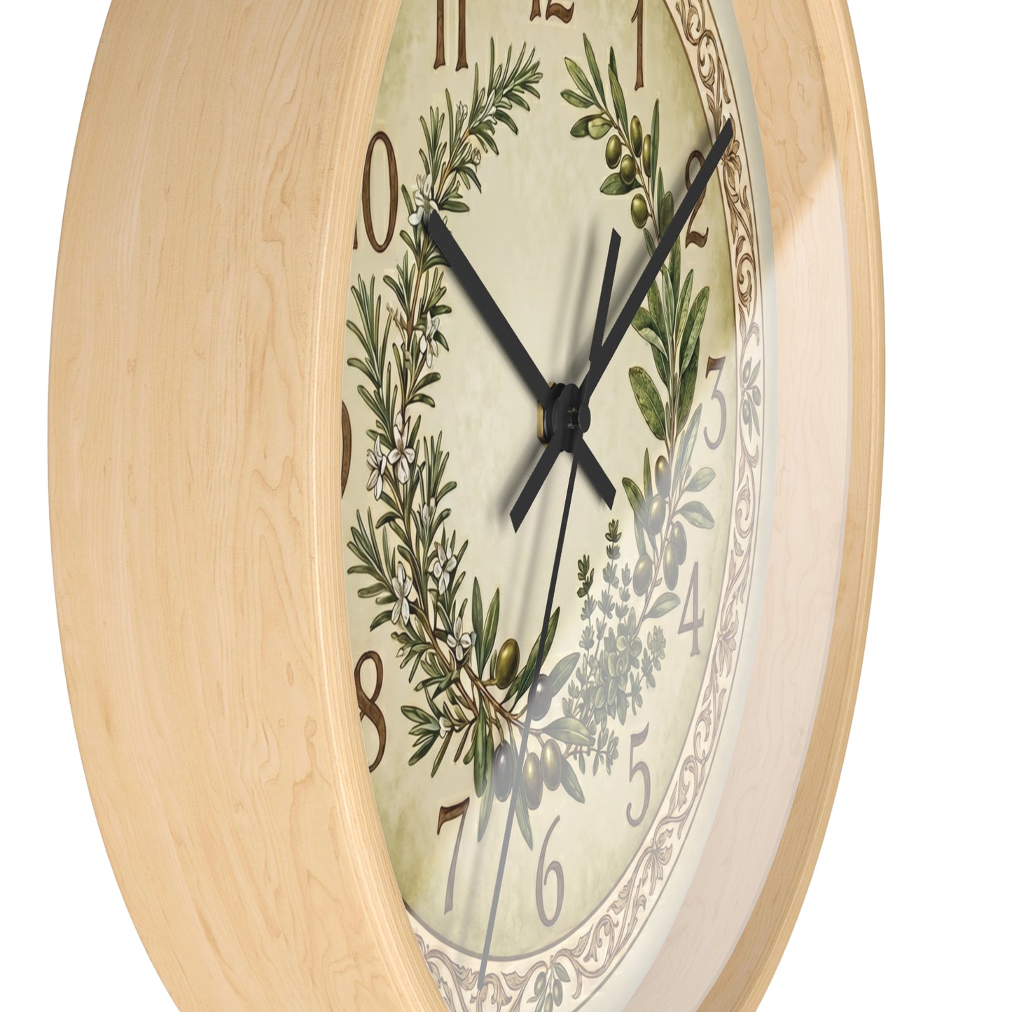 Herb Wreath Wall Clock | Olive & Rosemary Kitchen Clock, Rustic Botanical Decor