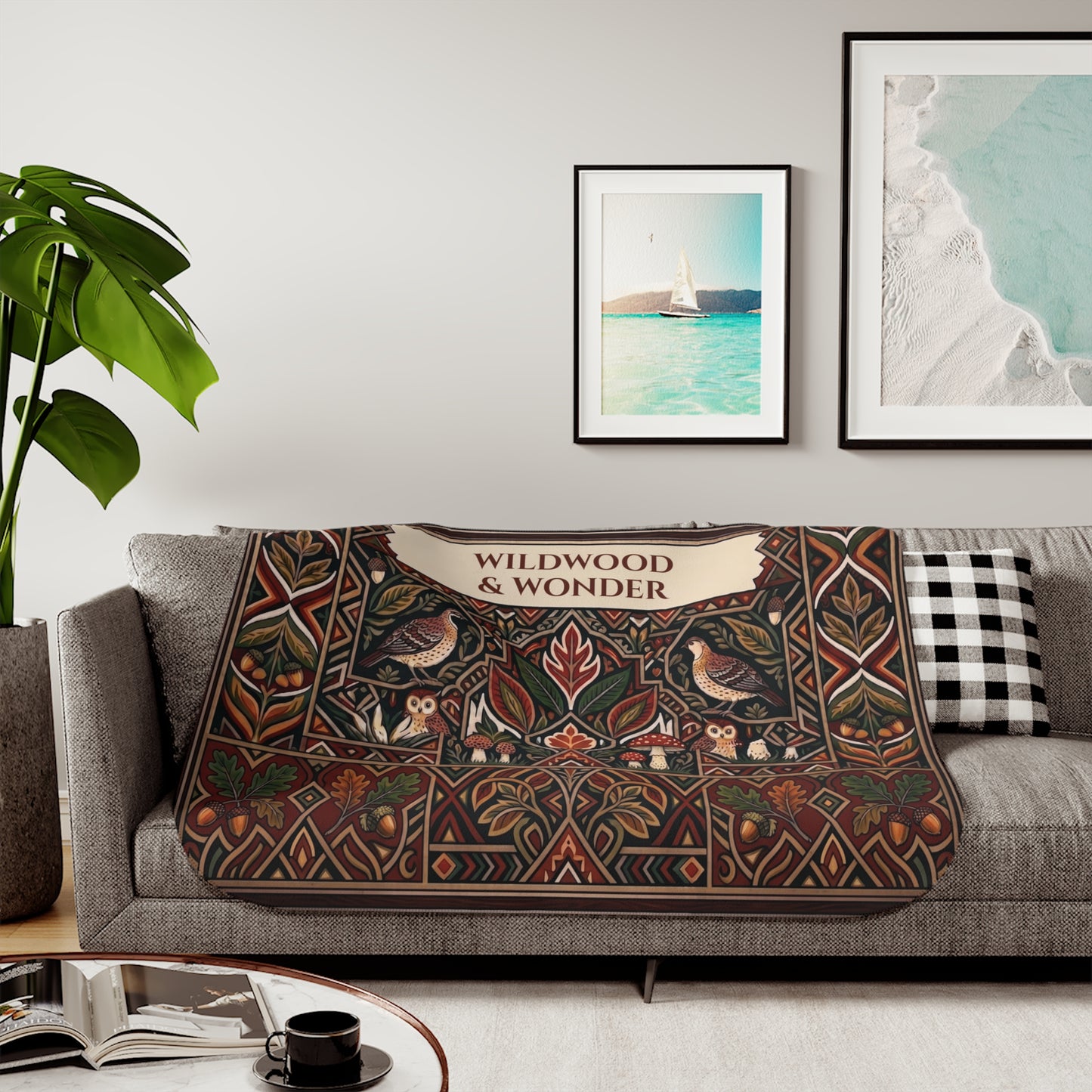 Autumn Bird and Botanical Pattern Sherpa Blanket, Personalized Text