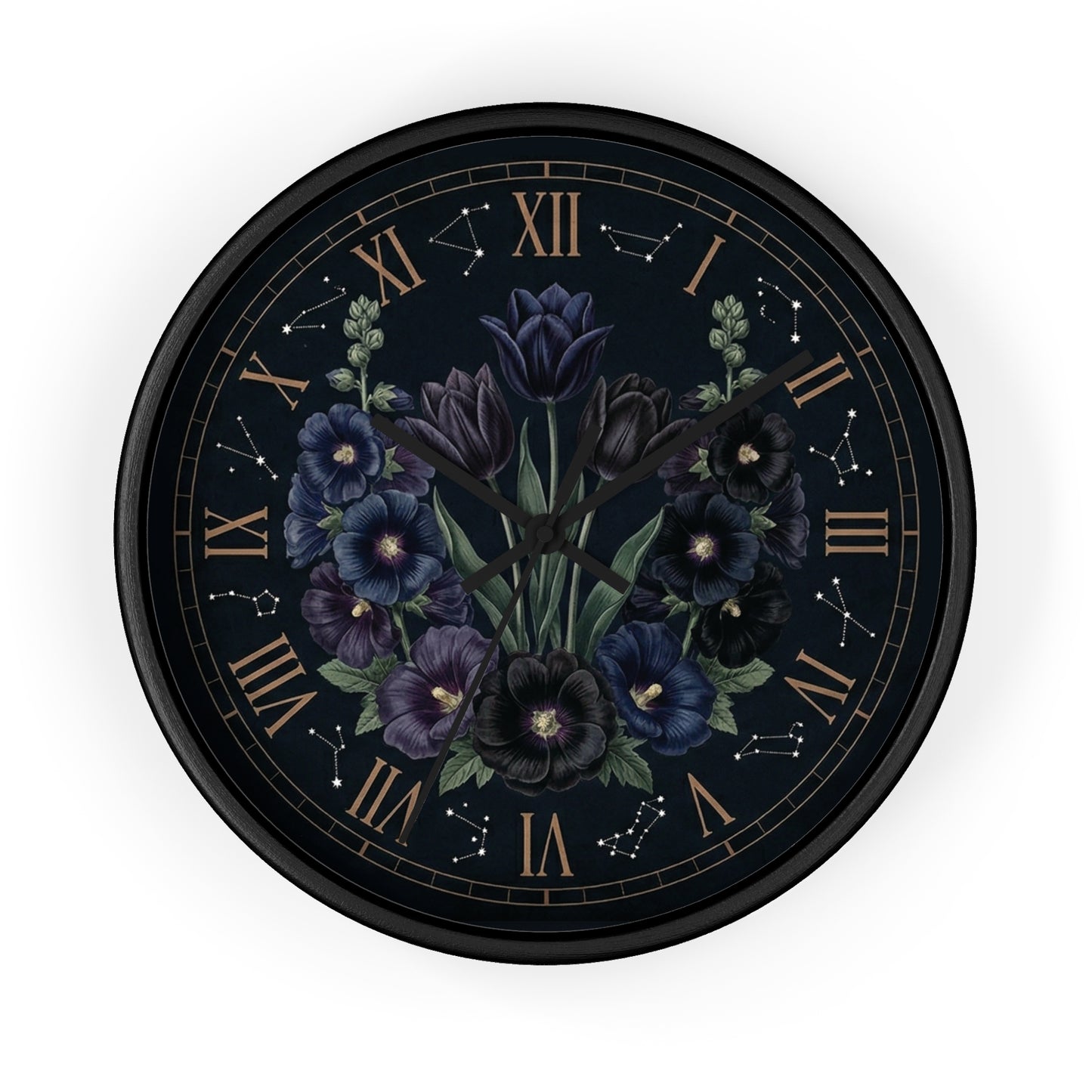 Midnight Violet Florals Wall Clock | Roman Numerals, Constellation Accents