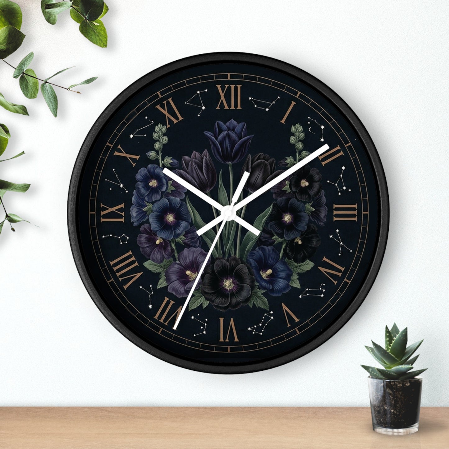 Midnight Violet Florals Wall Clock | Roman Numerals, Constellation Accents