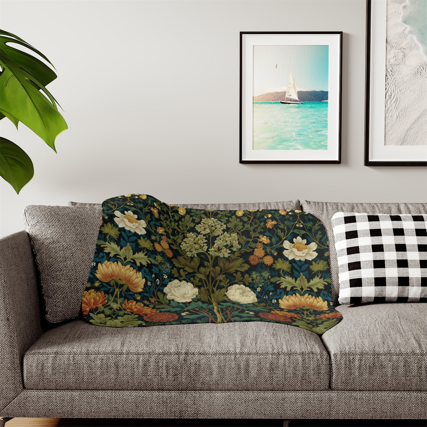 William Morris Style Floral Pattern Sherpa Blanket | Vintage Botanical Throw