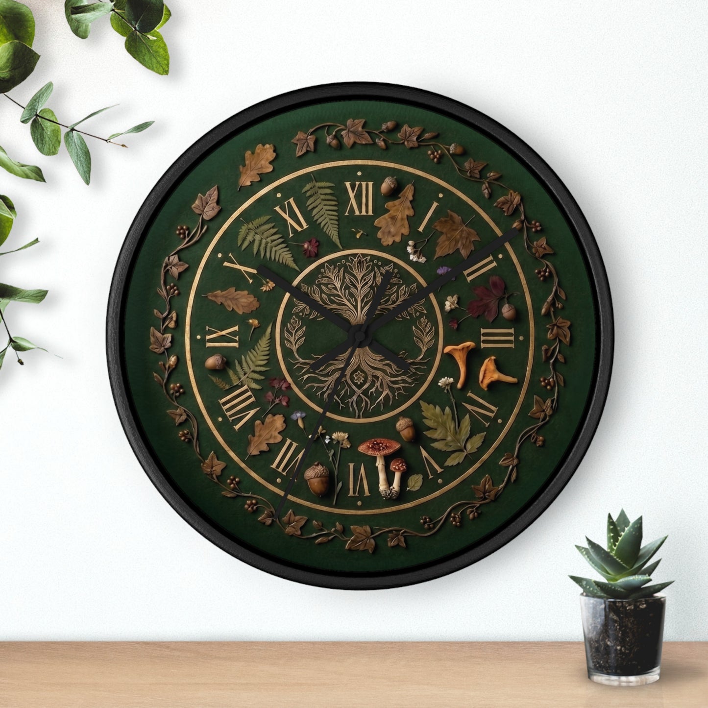 Woodland Tree of Life wall clock | Botanical, mushrooms, fern, roman numerals | Realistic Illustration | Witchy Nature
