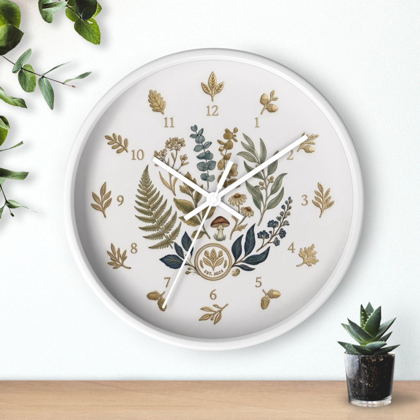 Botanical Wreath Wall Clock | Floral Fern Eucalyptus Illustration