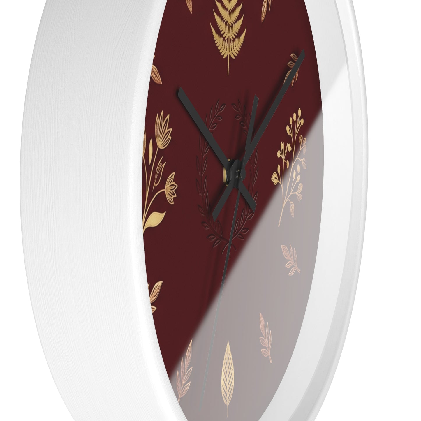 Gold Botanical Leaves Wall Clock | Maroon Floral Fern Home Decor