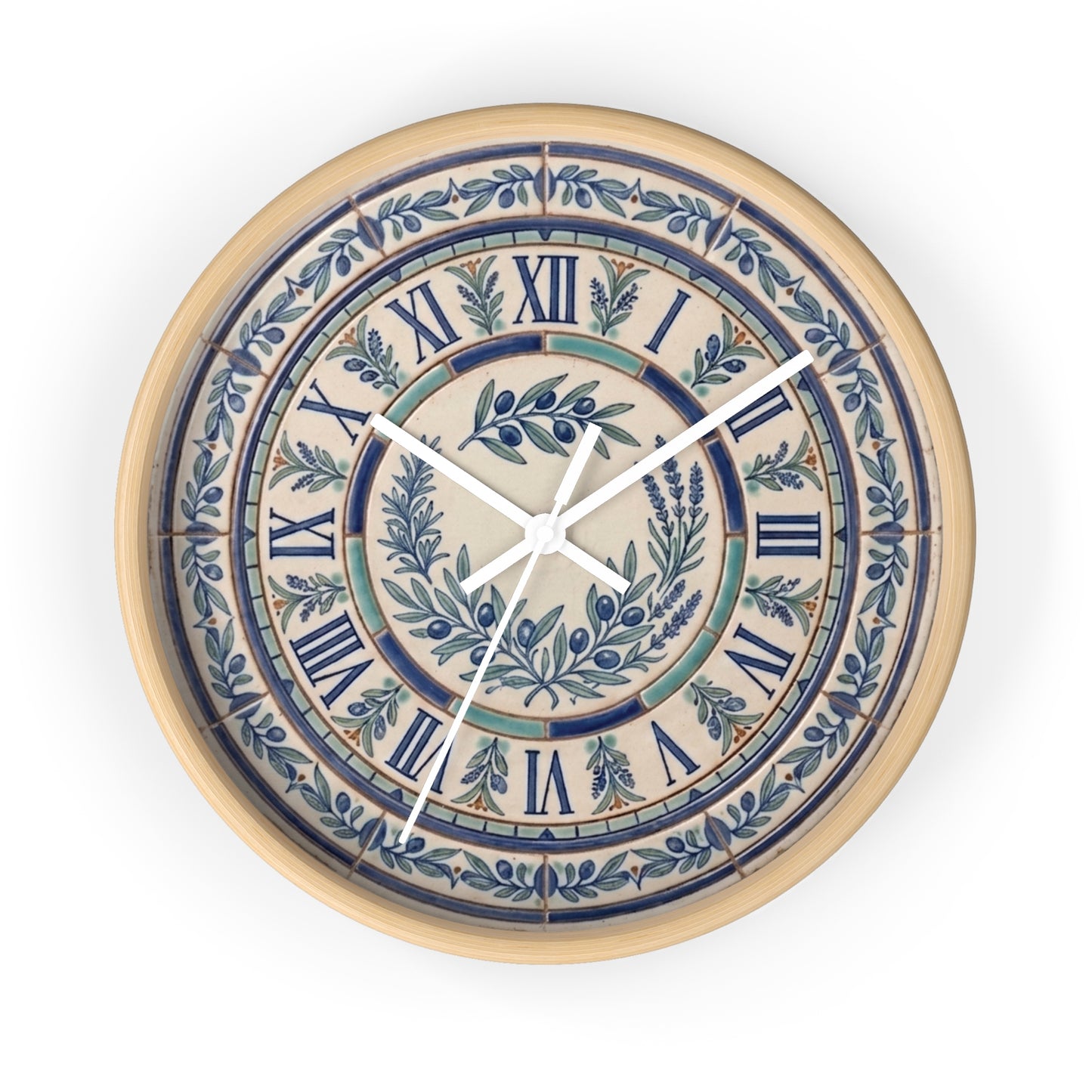 Blue Olive Wreath Wall Clock | Roman Numerals, Ceramic Tile Style