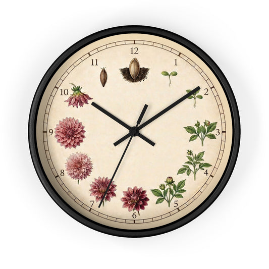 Vintage Botanical Dahlia Clock | Floral Wall Clock, Seed to Bloom Illustration