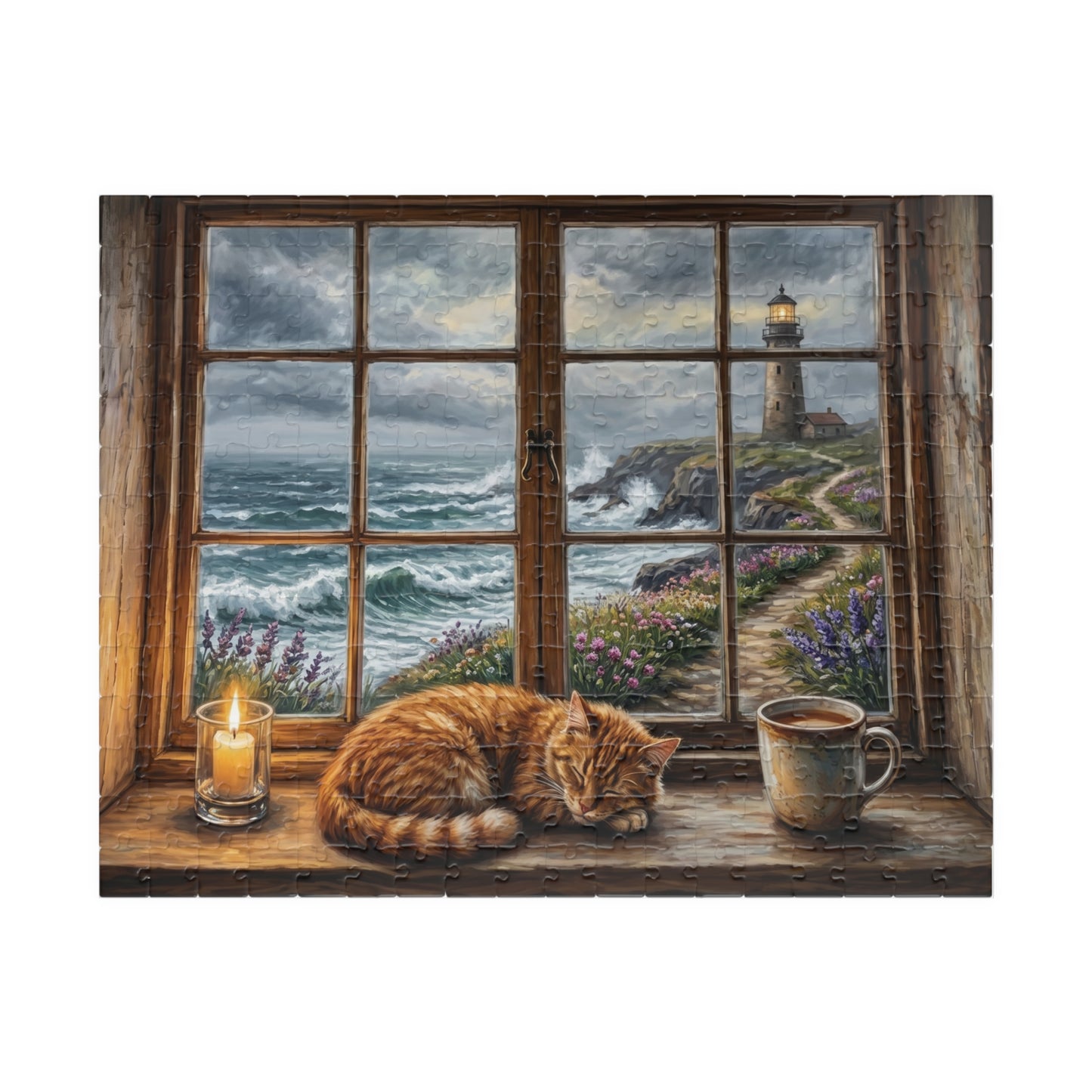 Cozy Cat Lighthouse Window Puzzle | Seaside Evening, Stormy Coastline, Scene
