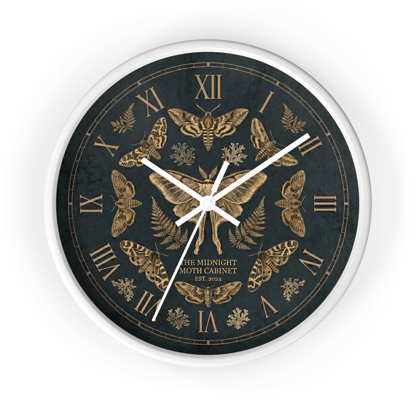 Midnight Moth Illustration Wall Clock | Vintage Moth Pattern, Roman Numerals