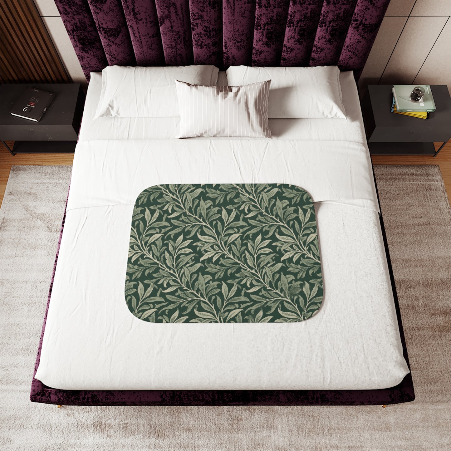 Green Botanical Olive Leaf Pattern Sherpa Blanket | Leaf Vine Throw