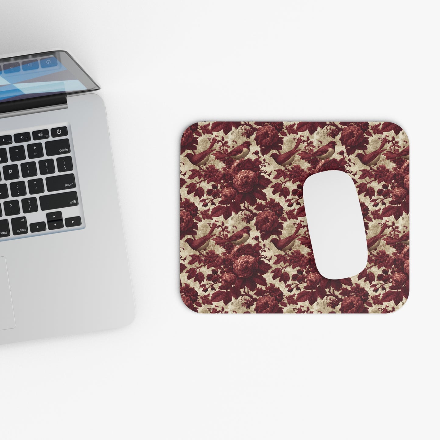 Vintage Rose & Bird Mouse Pad — Burgundy Floral Desk Mat