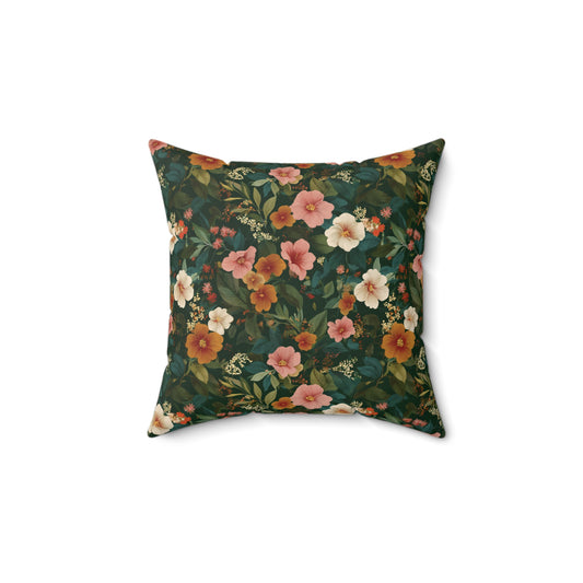 Vintage Floral Pattern Square Pillow | Dark Green Pink Orange Blossoms