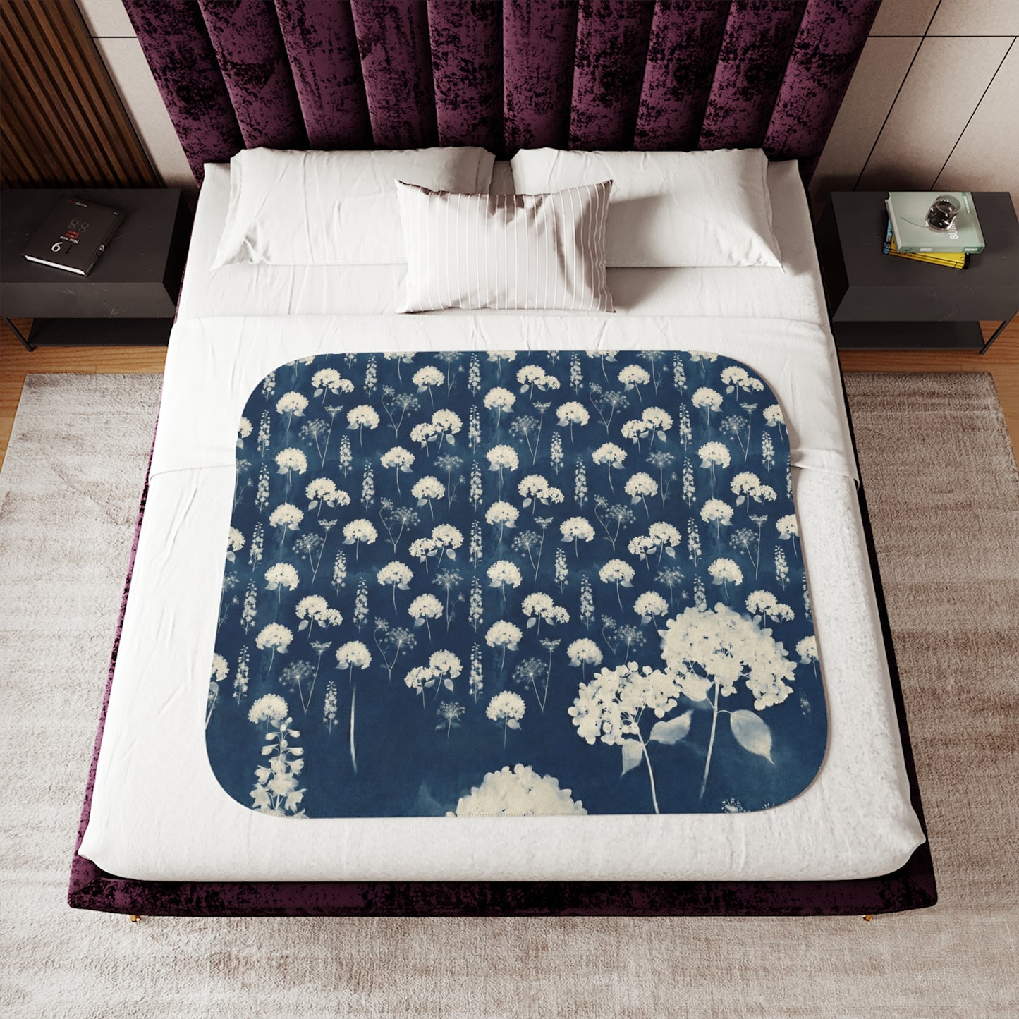 White Queen Anne's Lace Pattern Sherpa Blanket | Indigo Floral Print