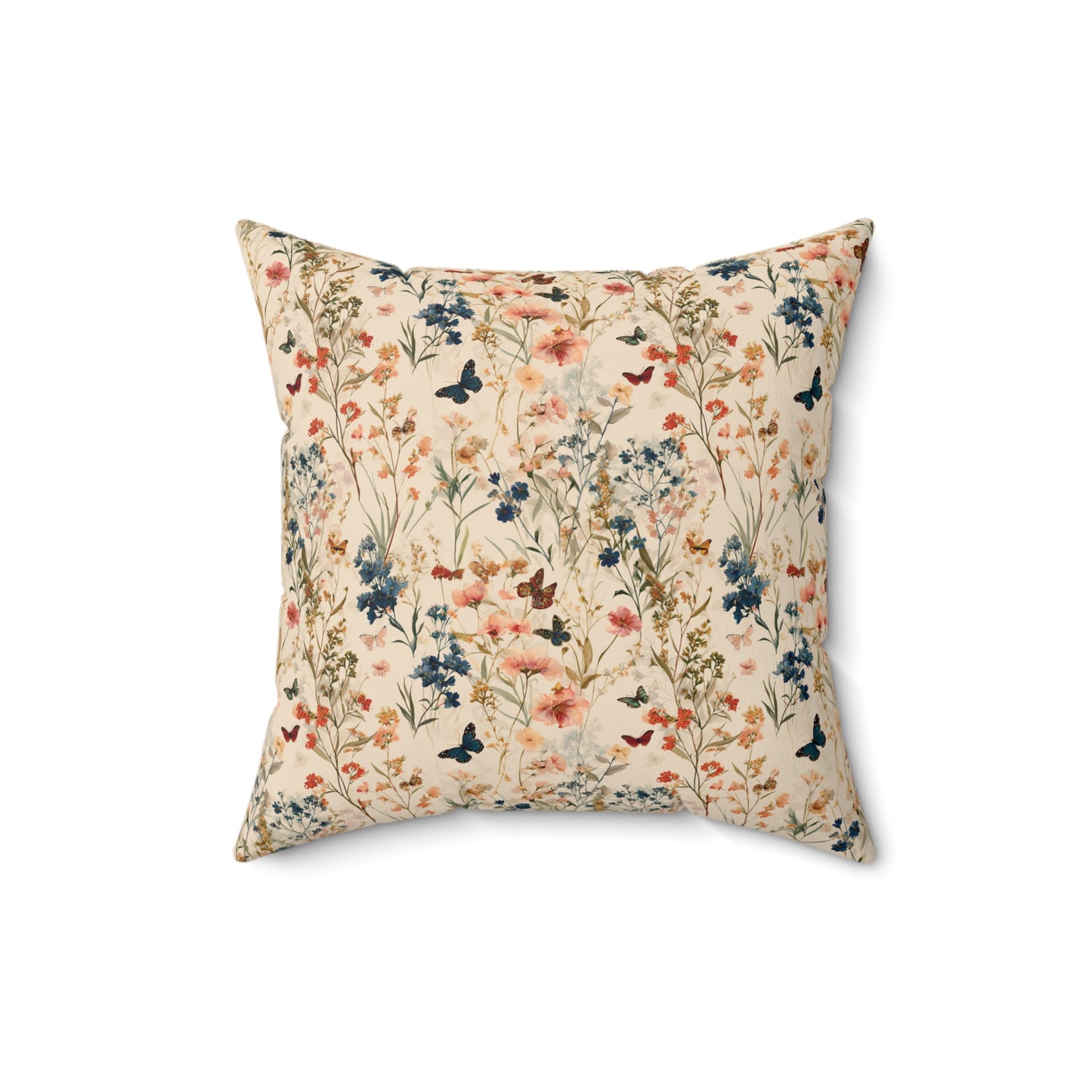 Vintage Wildflower and Butterfly Spun Polyester Square Pillow | Floral Throw Cushion