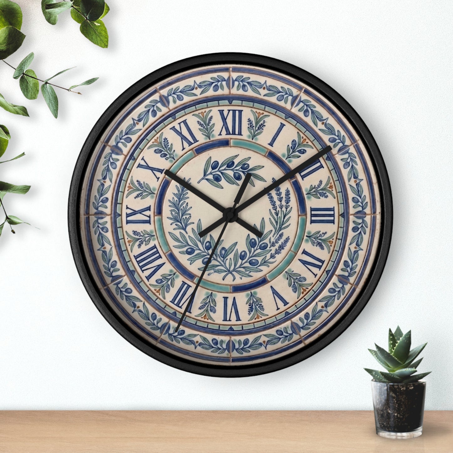 Blue Olive Wreath Wall Clock | Roman Numerals, Ceramic Tile Style