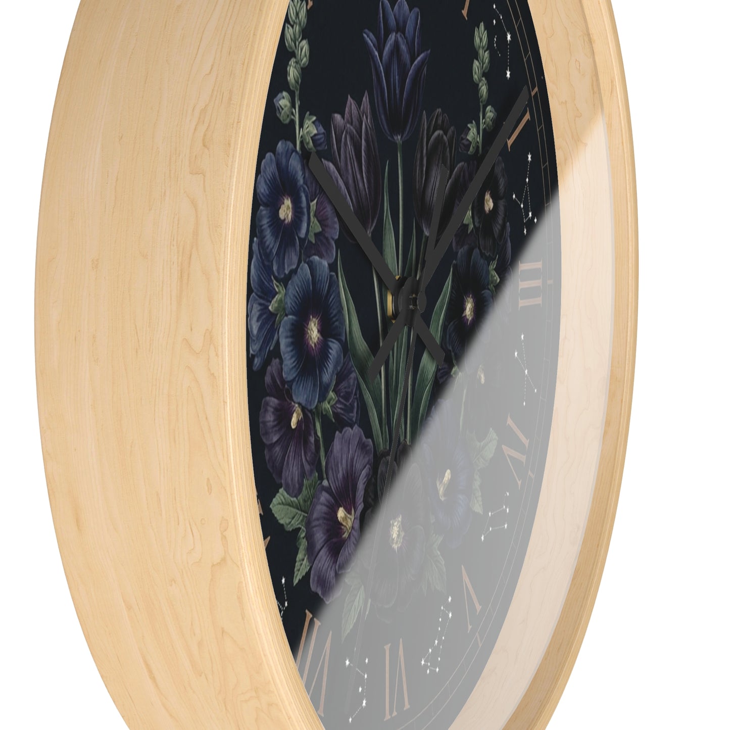 Midnight Violet Florals Wall Clock | Roman Numerals, Constellation Accents