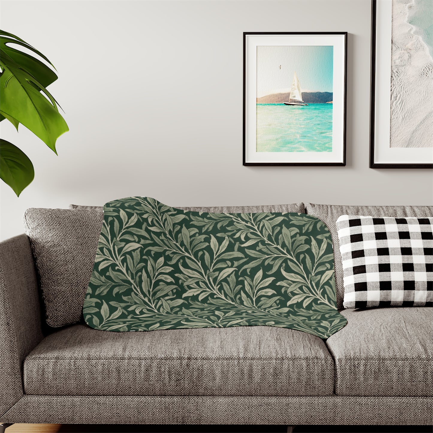 Green Botanical Olive Leaf Pattern Sherpa Blanket | Leaf Vine Throw