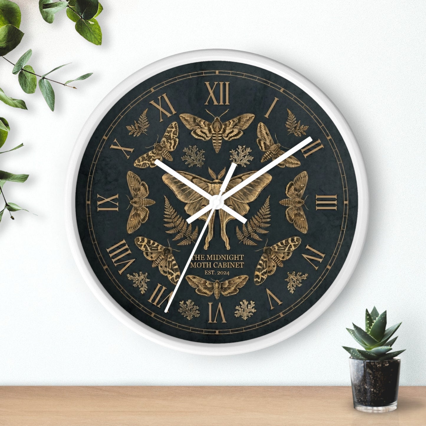 Midnight Moth Illustration Wall Clock | Vintage Moth Pattern, Roman Numerals