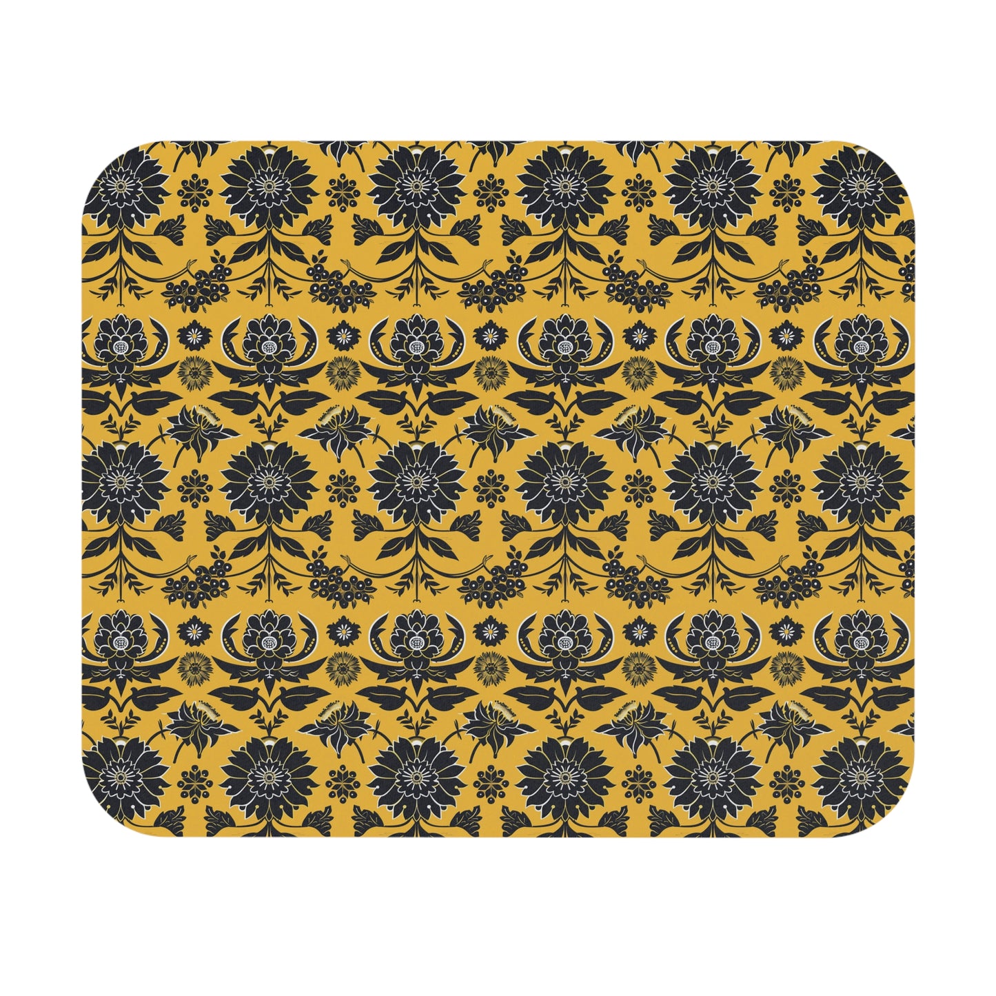 Black Damask Floral Pattern Mouse Pad | Yellow Background, Rectangle