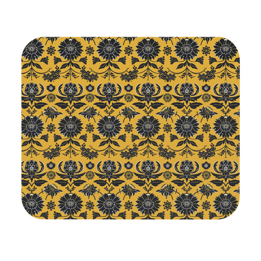 Black Damask Floral Pattern Mouse Pad | Yellow Background, Rectangle