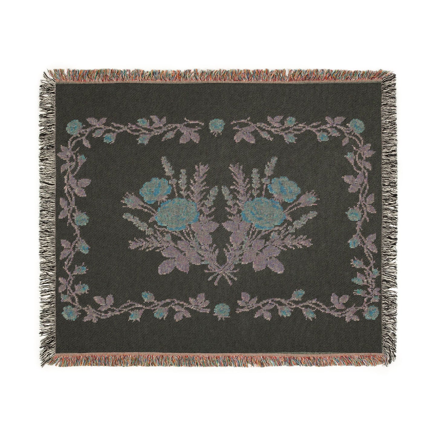 Vintage Rose Lavender Floral Woven Blanket | Tapestry Throw, Floral Fringe