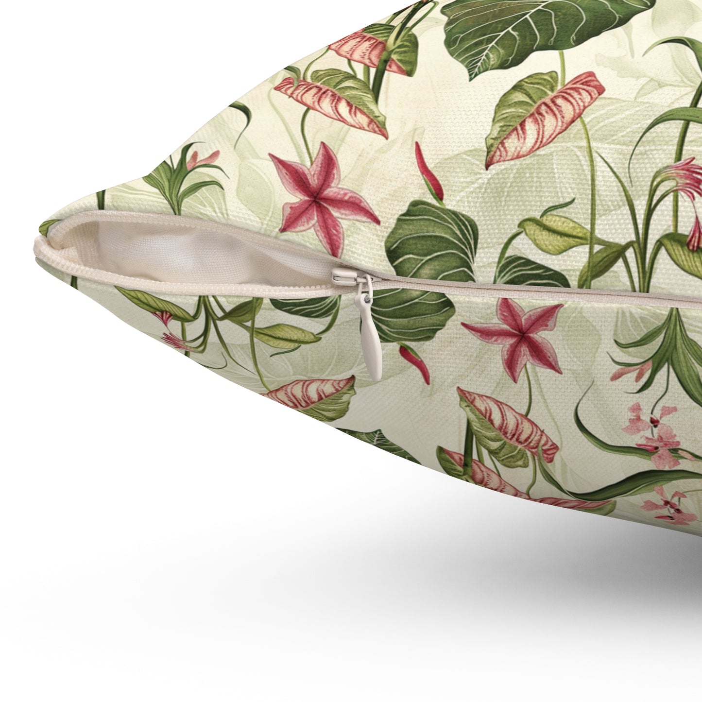 Vintage Botanical Floral Pattern Pillow | Tropical Leaves, Pink Flowers