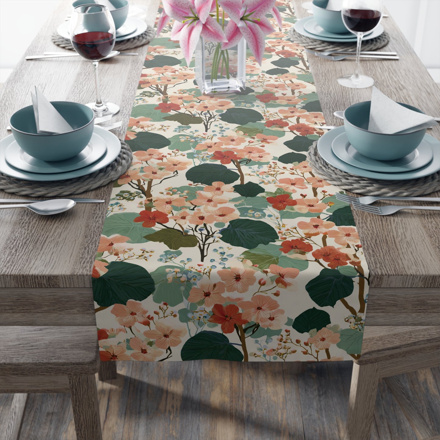 Vintage Floral Pattern Table Runner | Green Peach Cotton-Poly Blend