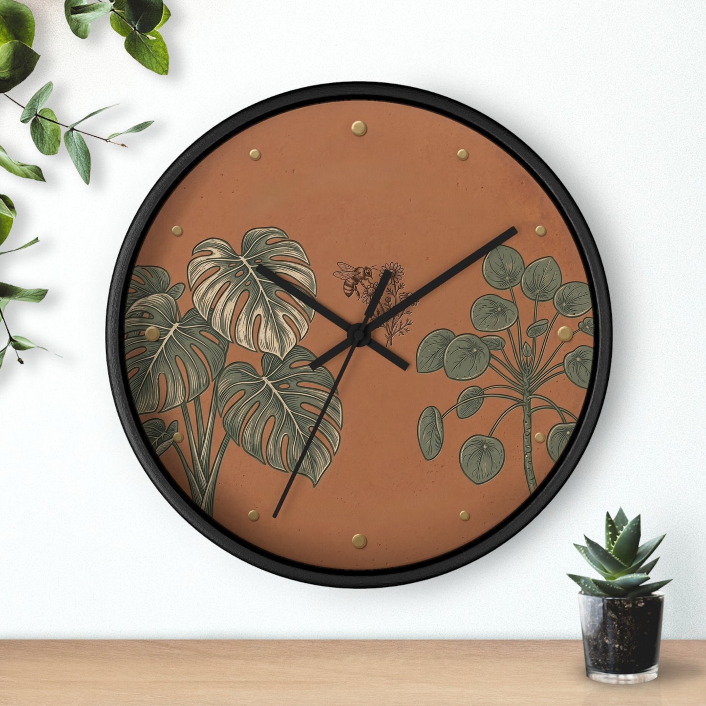 Monstera & Pilea Illustration Wall Clock | Terracotta Botanical Clock