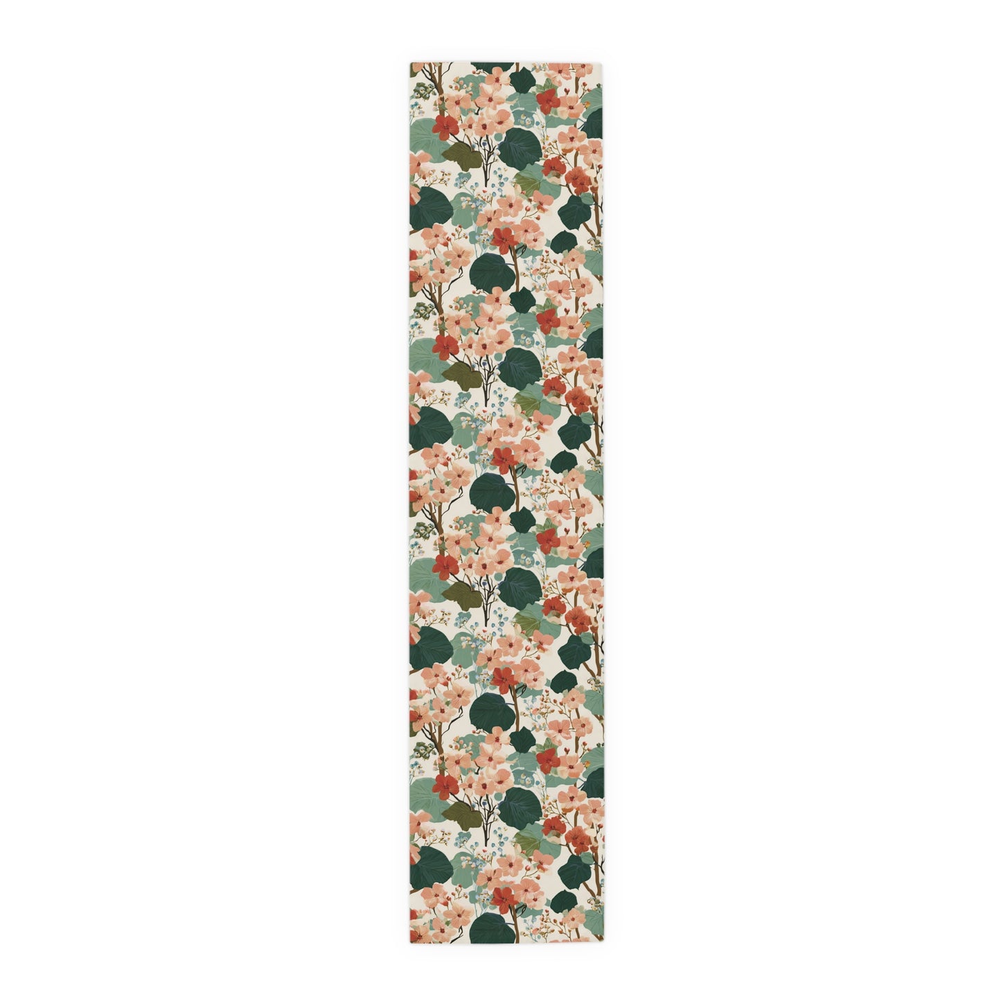 Vintage Floral Pattern Table Runner | Green Peach Cotton-Poly Blend