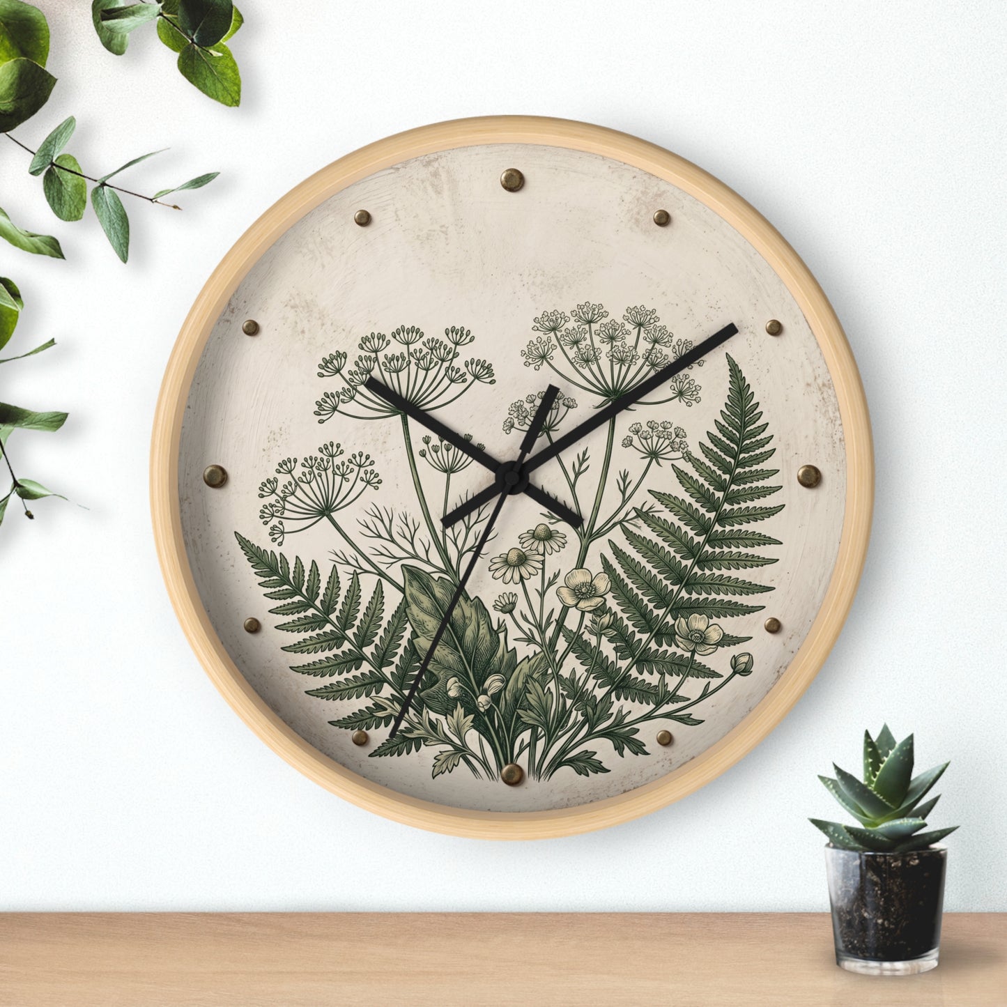 Vintage Botanical Fern Art Wall Clock | Herb Illustration Clock