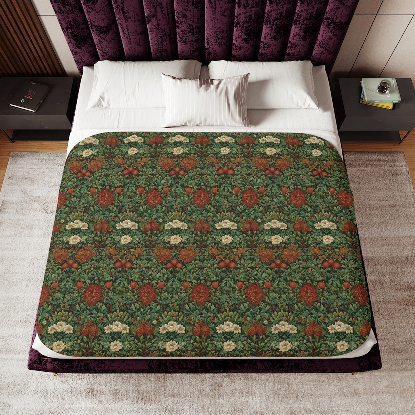 Vintage William Morris Style Floral Pattern Sherpa Blanket | Cozy Retro Botanical Throw