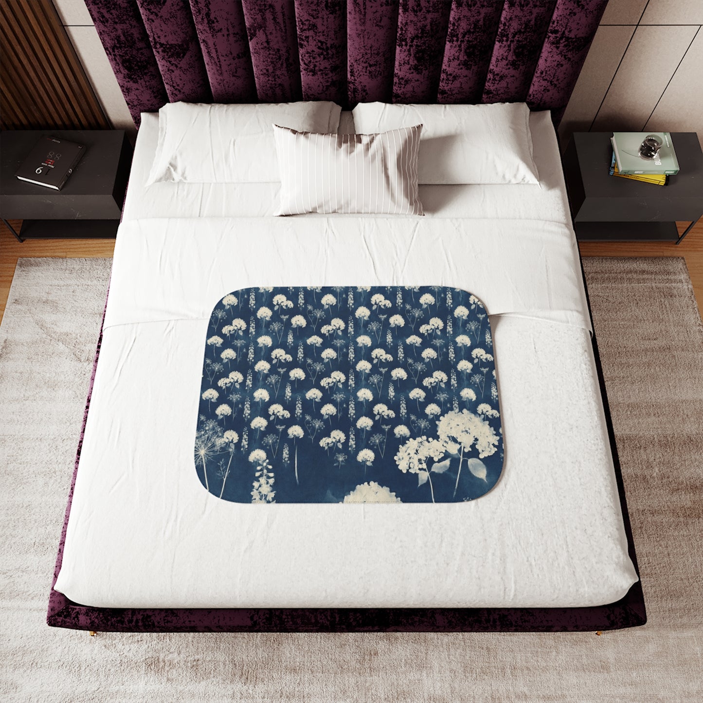 White Queen Anne's Lace Pattern Sherpa Blanket | Indigo Floral Print