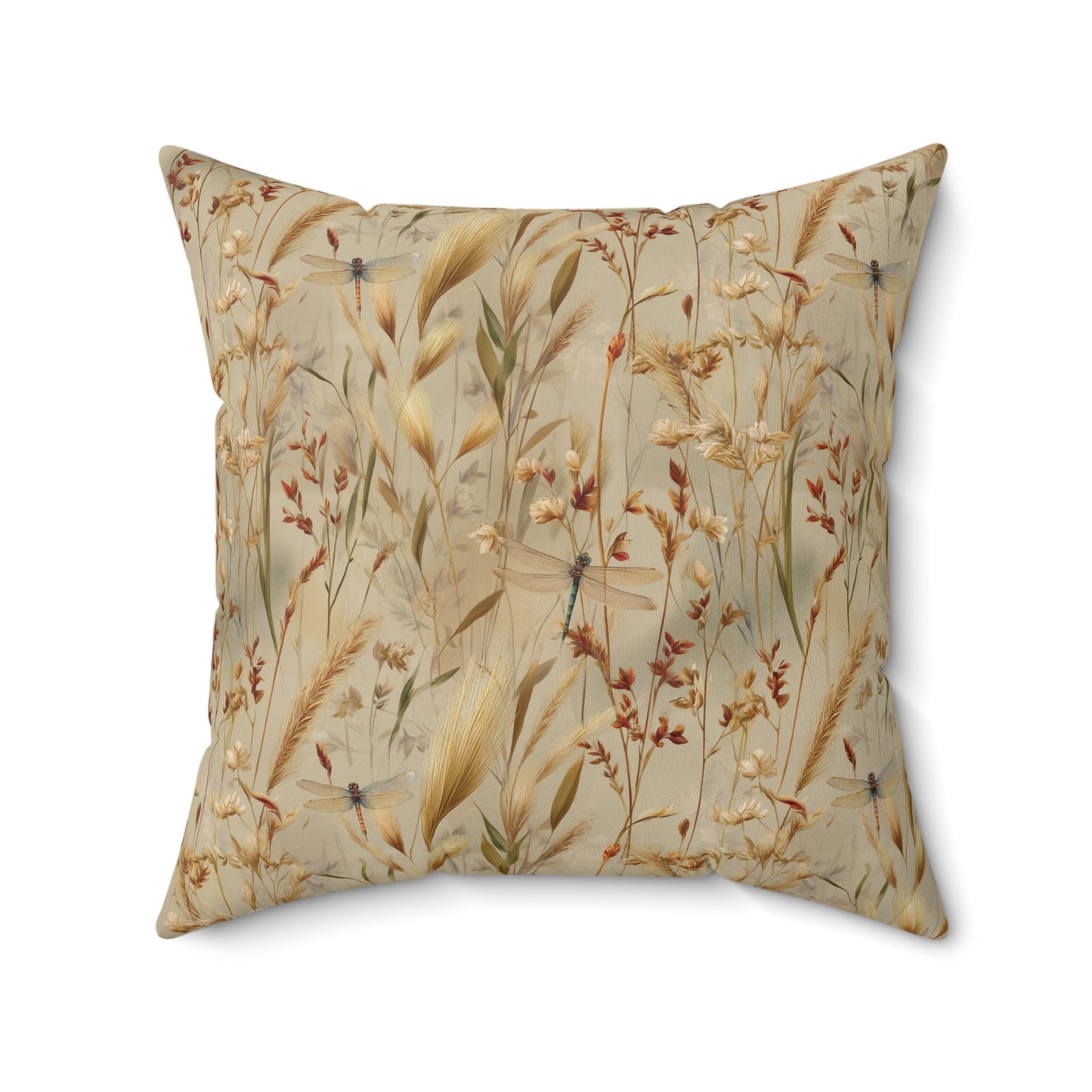 Neutral Botanical Print Pillow | Dried Wildflower Dragonfly Pattern, Square Throw Pillow