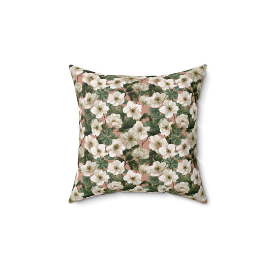 Vintage Floral Pattern Pillow | Square Throw Pillow, Botanical White Anemone Flowers Design