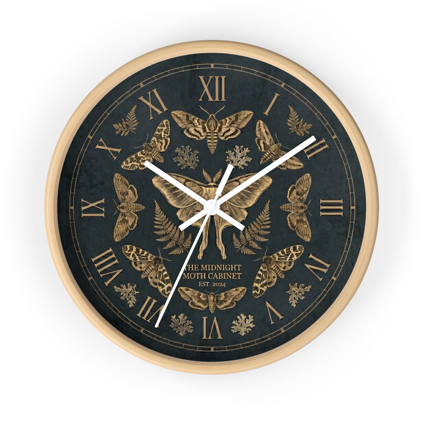 Midnight Moth Illustration Wall Clock | Vintage Moth Pattern, Roman Numerals