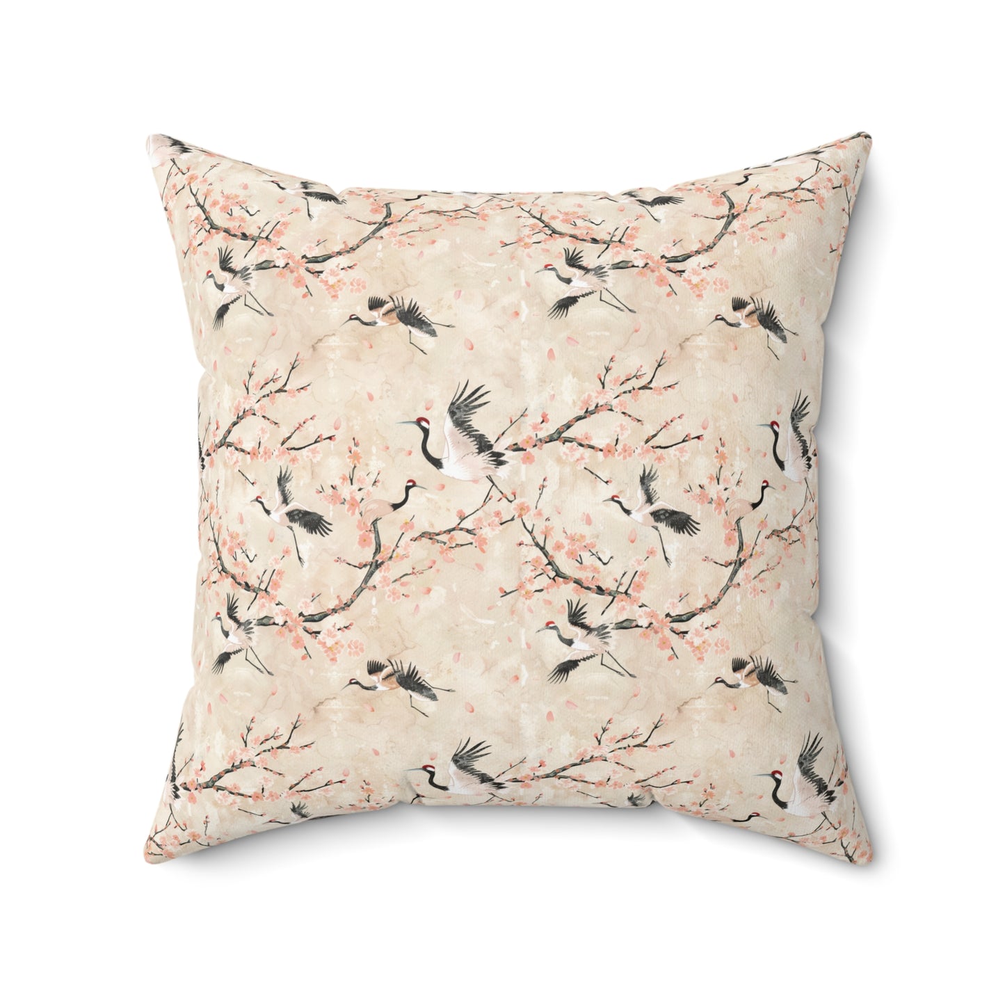 Cherry Blossom Crane Pillow | Floral Japanese Stork Pattern Square Pillow
