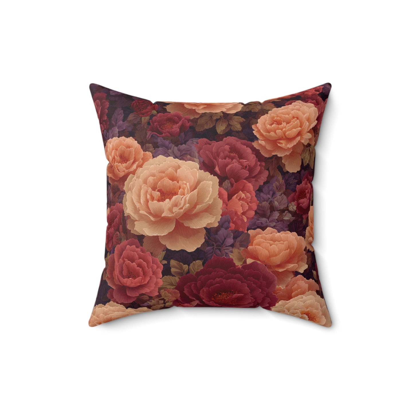 Vintage Rose Floral Pillow | Dark Burgundy Peach Garden Cushion