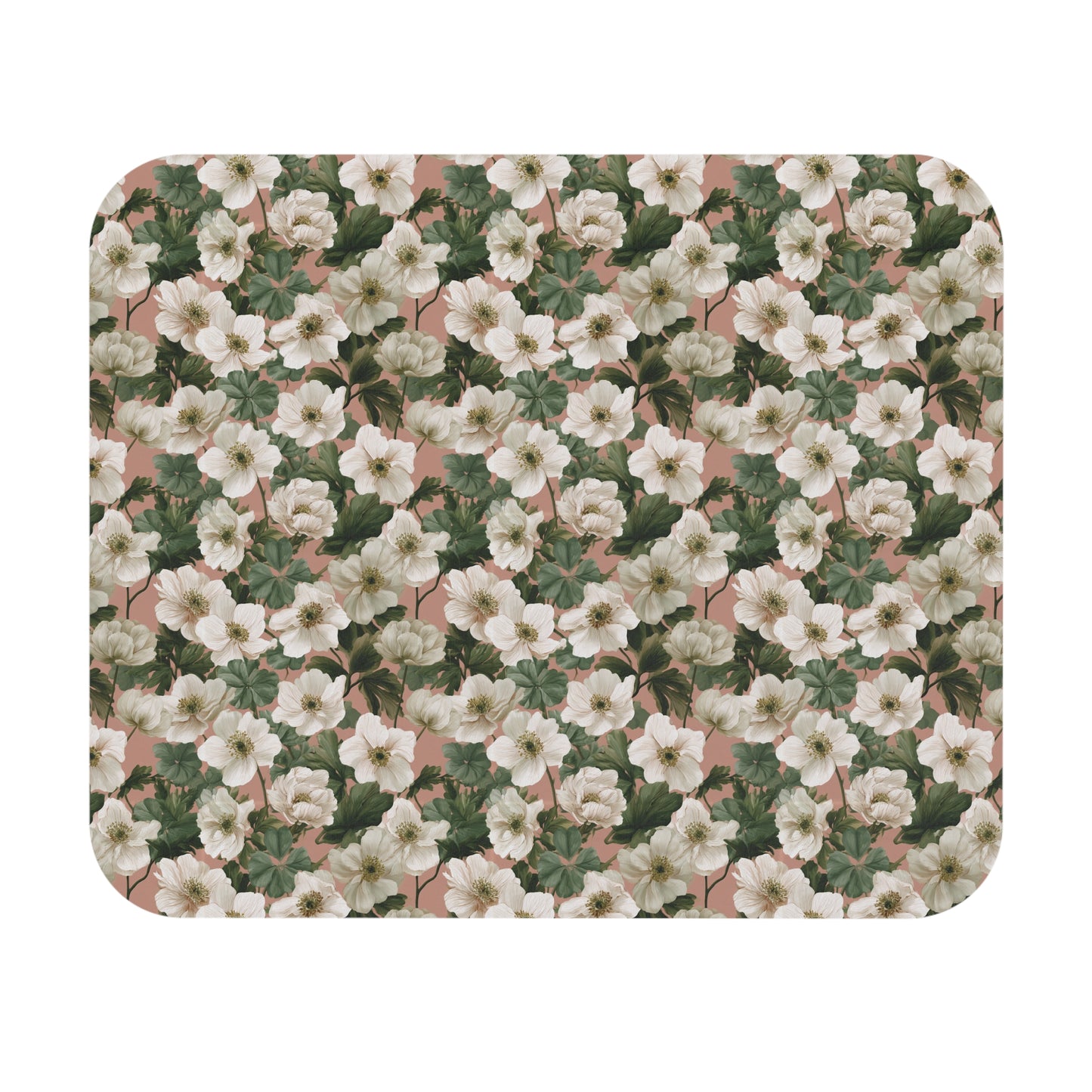 White Anemone Floral Mouse Pad | Pink Background, Botanical Desk Mat