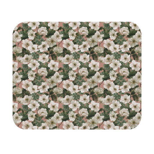 White Anemone Floral Mouse Pad | Pink Background, Botanical Desk Mat