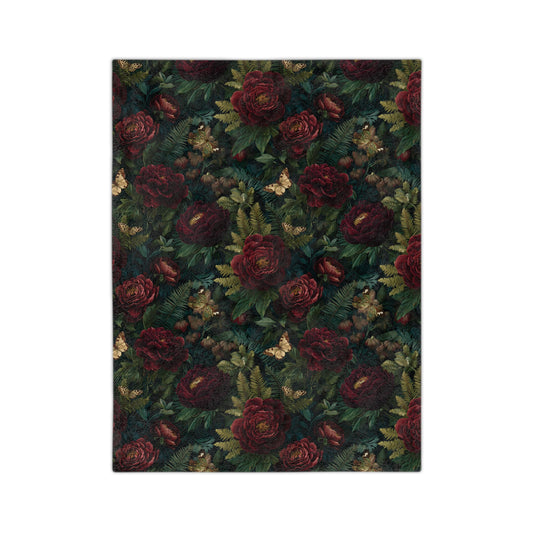 Dark Red Rose Floral Blanket | Vintage Botanical Pattern