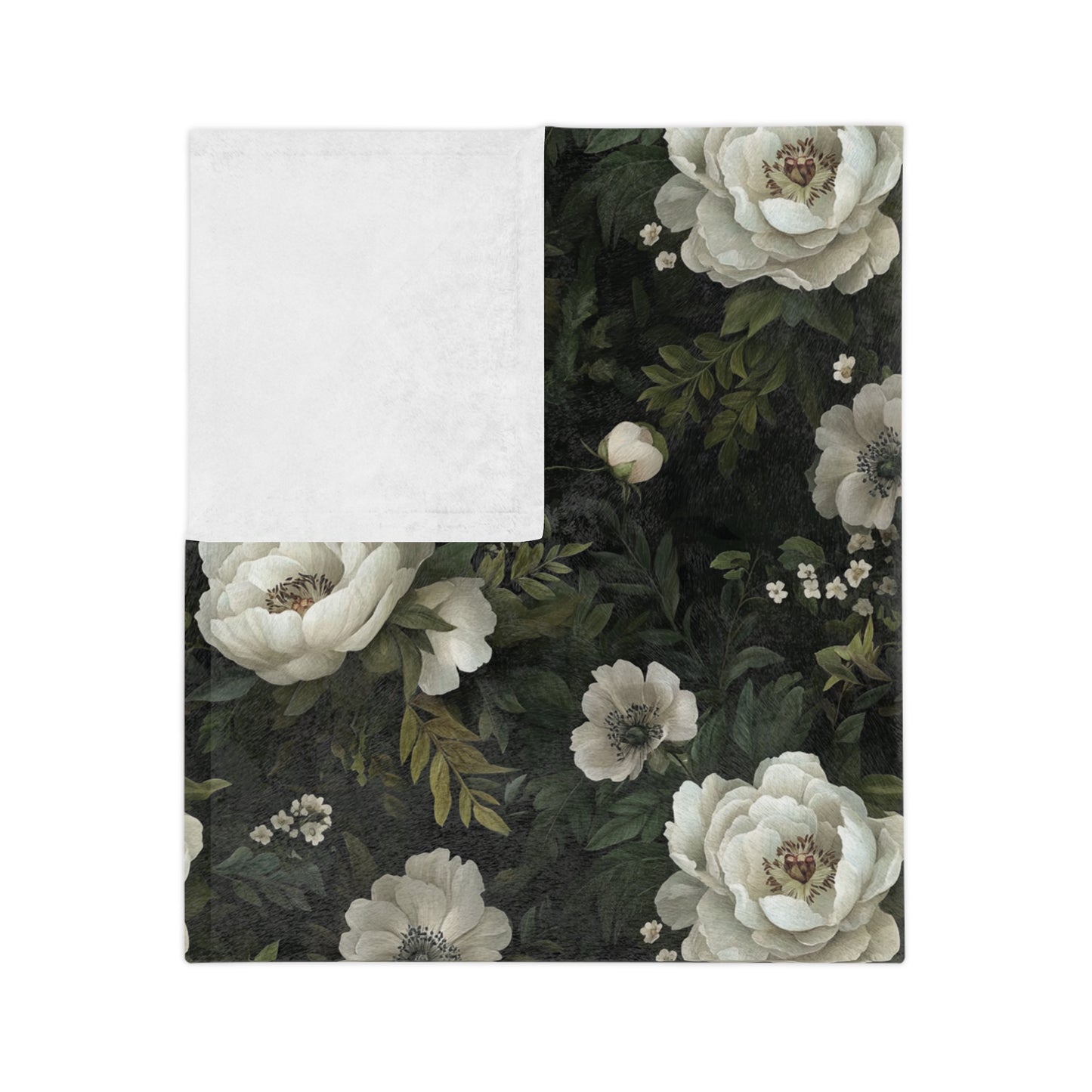 Vintage White Rose Floral Velveteen Microfiber Blanket | Dark Botanical Pattern