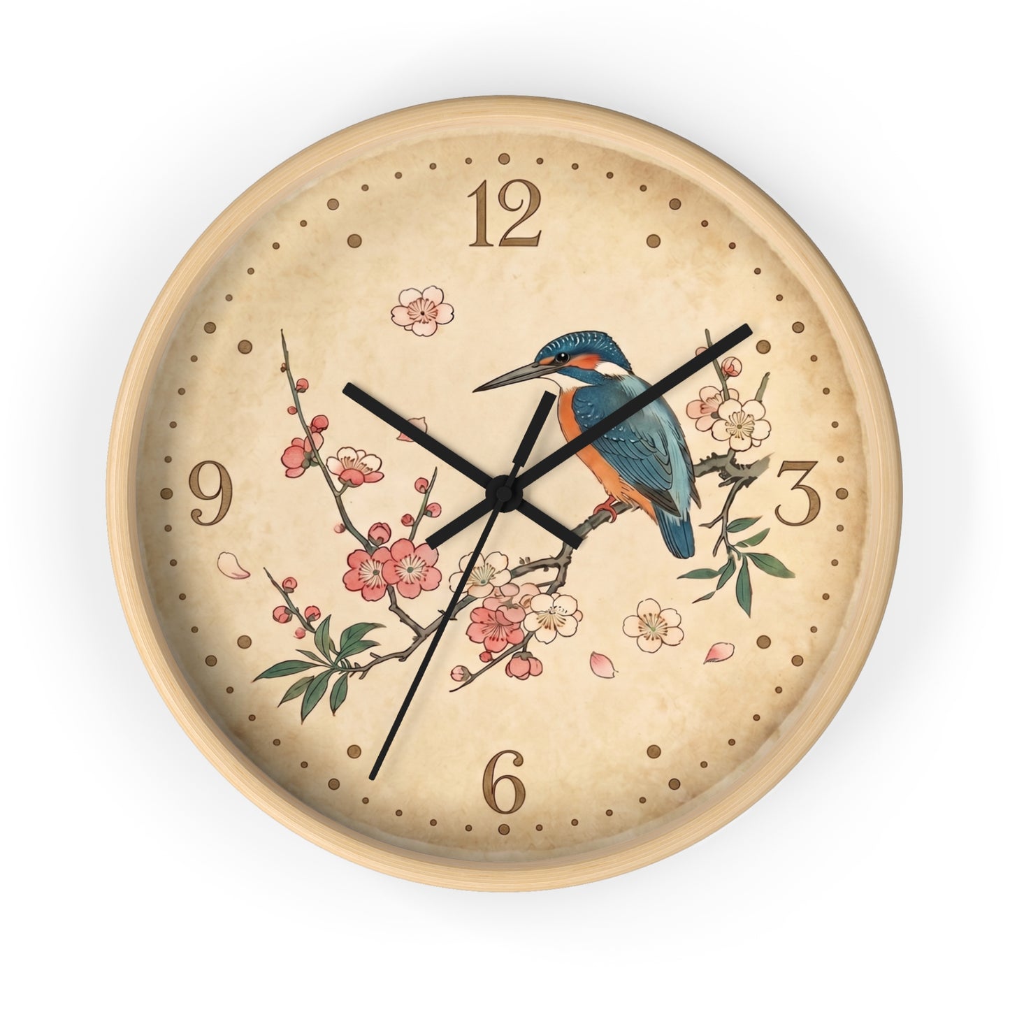 Kingfisher on Cherry Blossom Wall Clock | Kacho-ga Vintage Japanese Bird Floral Clock